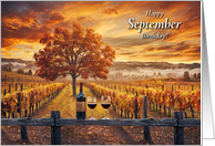 September Birthday with Wine Vineyard Sunset and Fall Colors card