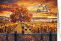 Happy Birthday Pretty Country Vineyard at Sunset with Bottle of Wine card