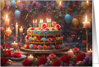 Birthday Cake for Her Pretty Roses and Candles Balloons Confetti card