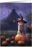 Teenager Happy Halloween Cute Cat Witch Hat Haunted House Pumpkins card