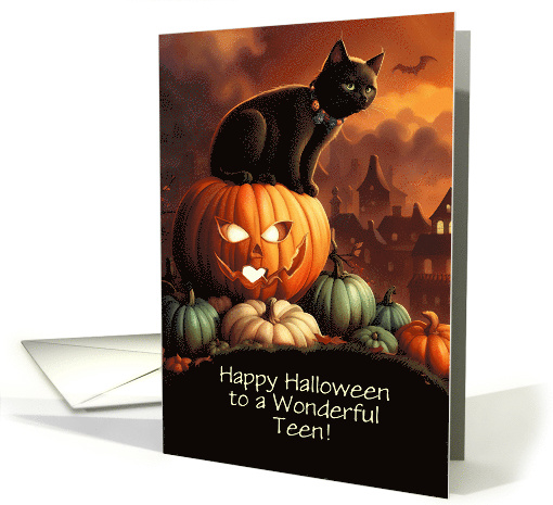 Teenager Happy Halloween Cute Black Cat and Jack O Lantern Custom card