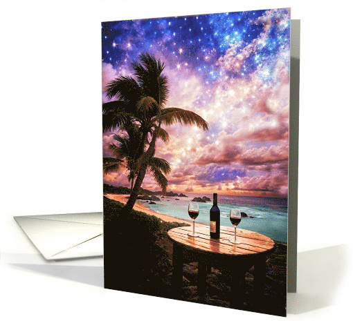 Happy Birthday Tropical Island Beach Palm Tree and Wine Cheers card
