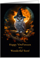 Teen or Teenagers Happy Halloween with Cute Owl Warlock Hat and Moon card