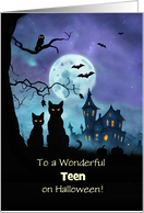 Teen or Teenagers Happy Halloween Black Cats and Haunted House Custom card