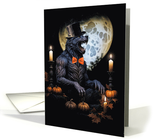 Werewolf and Moon Candles Pumpkins Scary Spooky Halloween card