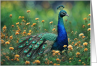 Peacock in Grasses and Flowers Laying Down Pretty Hello Hi card