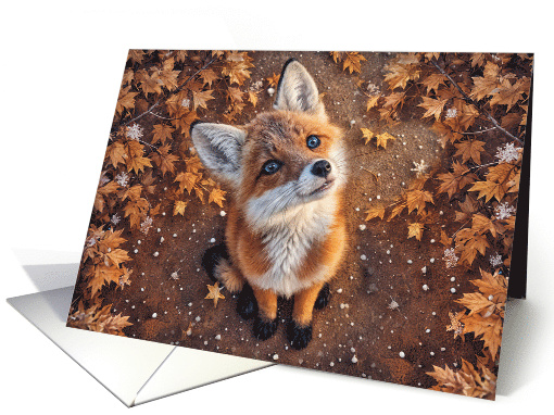 Red Fox in the Leaves Snow Looking Up Cute Saying Hello Hi card