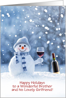 Brother and Girlfriend Happy Holidays Cute Snowman Wine Humor Custom card