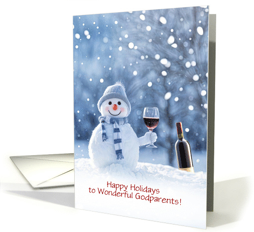 Godparents Cute and Humorous Happy Holidays Snowman Wine Custom card