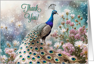 Peacock in Fantasy Flowers and Stars Thank You card