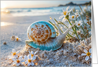 Hi Hello Snail Mail Cute Turquoise Snail on the Beach with Flowers card