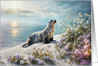 Cute Seal on the Beach with Flowers Thinking of You Coastal Seaside card