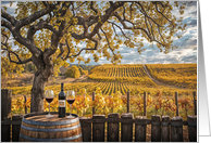 Fall Vineyard with Wine Barrel Glasses Bottle Blank Any Occasion card