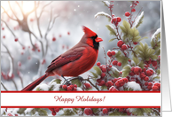 Happy Holidays Christmas with Red Cardinal Berry Bush Snow Custom card