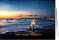 Condolences with Memorial Candle and Flower Wreath on Beach Custom card