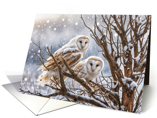 Seasons Greetings Two Beautiful Owls in the Snow Wildlife Nature card