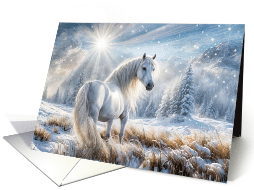 Seasons Greetings Pretty White Stallion Horse in the Snow Fantasy card