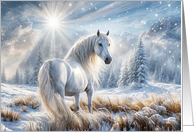 Seasons Greetings Pretty White Stallion Horse in the Snow Fantasy card