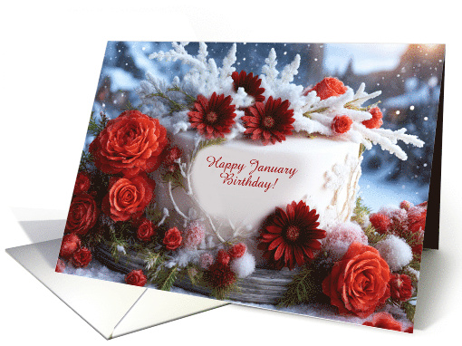 January Birthday with Pretty White Cake and Flowers Custom Text card