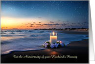 Anniversary of Death Passing Husband Memorial Candle on Beach Custom card