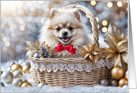 Christmas Happy Holidays Cute Pomeranian Puppy Dog in Basket card
