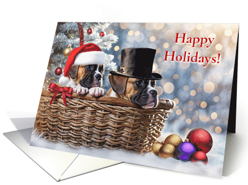 Christmas Happy Holidays Cute Boxer Puppy Dogs Basket in Snow card