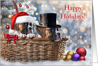 Christmas Happy Holidays Cute Boxer Puppy Dogs Basket in Snow card