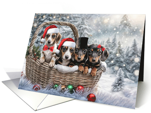Christmas Holiday Greetings Cute Basket of Dachshund Puppy Dogs card