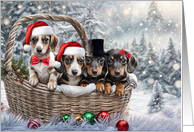 Christmas Holiday Greetings Cute Basket of Dachshund Puppy Dogs card
