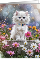 Thinking of You White Kitten in Flowers Stars and Bokeh Cute card