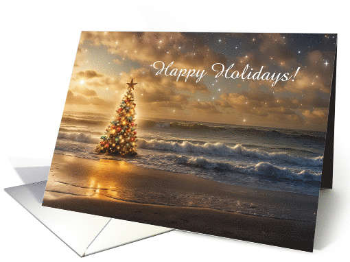 Happy Holidays Christmas Tree on the Beach Sea Ocean Customizable card