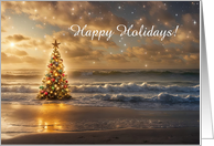 Happy Holidays Christmas Tree on the Beach Sea Ocean Customizable card
