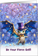 Happy New Year Cute Dragon with Top Hat Confetti Custom Cover Text card