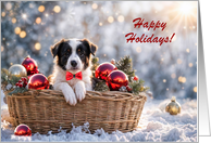 Happy Holidays Christmas Cute Border Collie Puppy Dog Basket Custom card