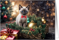 Happy Holidays Christmas Kitten Siamese Type Cat in Gift Basket Cute card