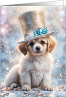New Year Cute Puppy Sweet Face with Top Hat Festive Streamers card