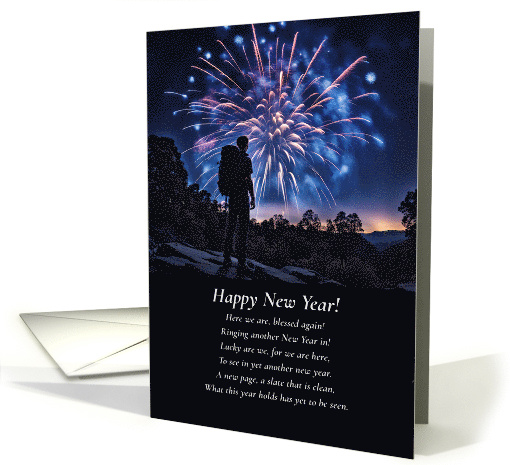 New Years With Backpacker and Fireworks Fresh Start Poem card