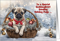 Goddaughter Happy Holidays Christmas Cute Pug Puppy Dog Custom card