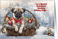 Grandson Cute and Fun Happy Holidays Pug Puppy Custom Cover Text card