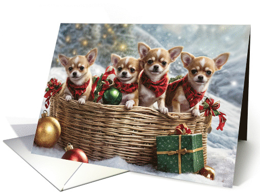 Christmas Bundles of Joy Cute Chihuahua Puppies in a Basket Snow card