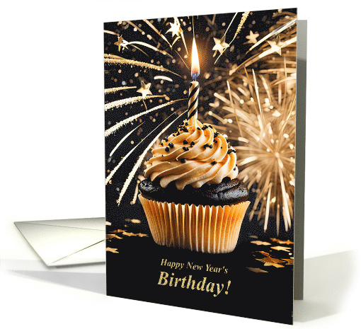 New Years Day Birthday with Cupcake and Candle Fireworks Cute card