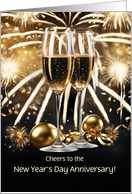 New Years Day Wedding Anniversary with Champagne and Fireworks Custom card