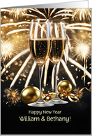 New Years Day Custom Name with Champagne Flutes and Fireworks card