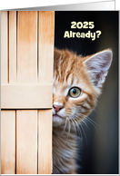 New Years Cute Funny 2025 Ginger Orange Kitten Behind a Door Custom card