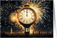 Happy New Year Clock on Midnight with Fireworks General card