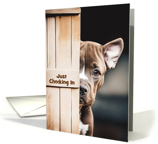 Thinking of You Cute Pitbull Type Dog Looking Around Door Custom card