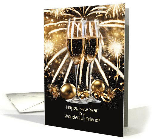 Friend Happy New Year Champagne Bubbly Fireworks Custom Text card