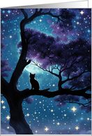 Thinking of You Cute Cat in Tree Stars and Moon Fantasy card