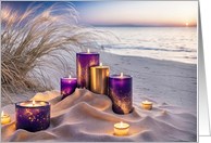 Thinking of You Pretty Beach Ocean Sunset with Purple and Gold Candles card