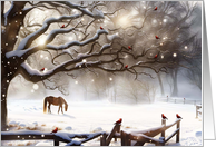 Christmas Holiday Across the Miles Horse in a Snow Pasture Cardinals card